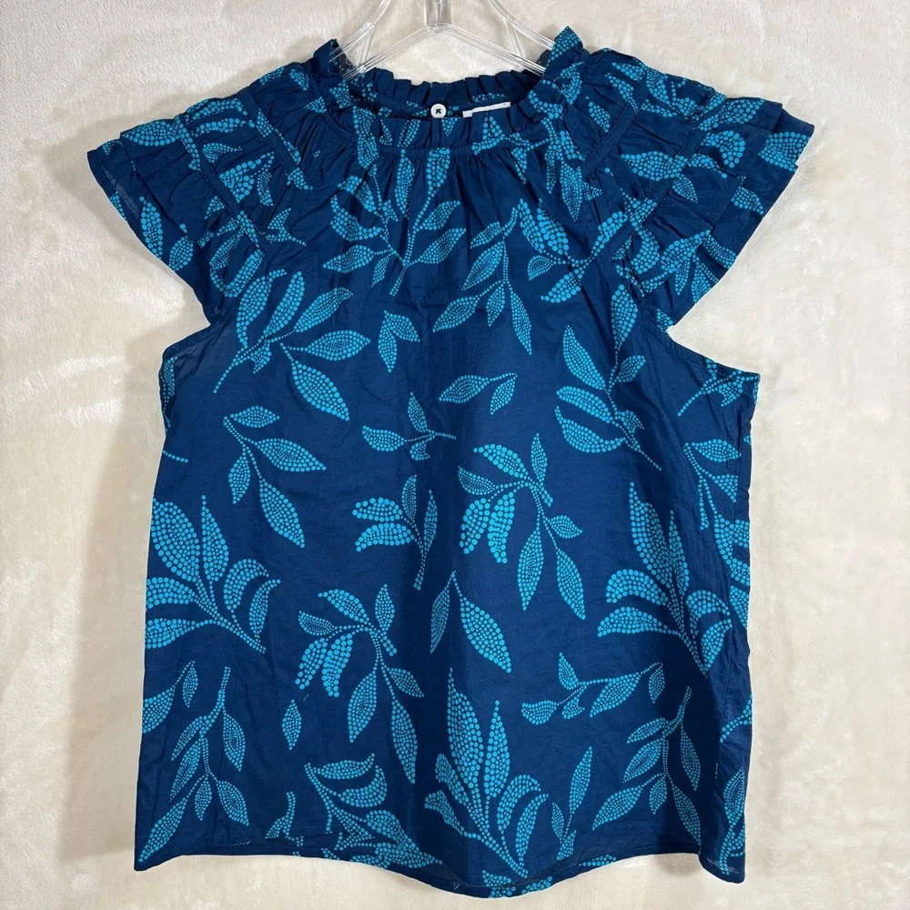 J. Crew Women’s Navy and Aqua Leaf Print Ruffled Sleeveless Top Size M